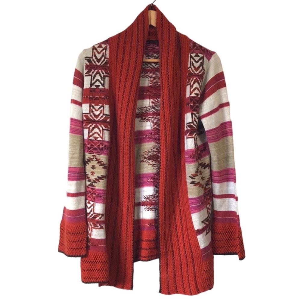 BCBG MaxAzria Open Front Long Draped Cardigan Sweater Southwest Aztec sz.L